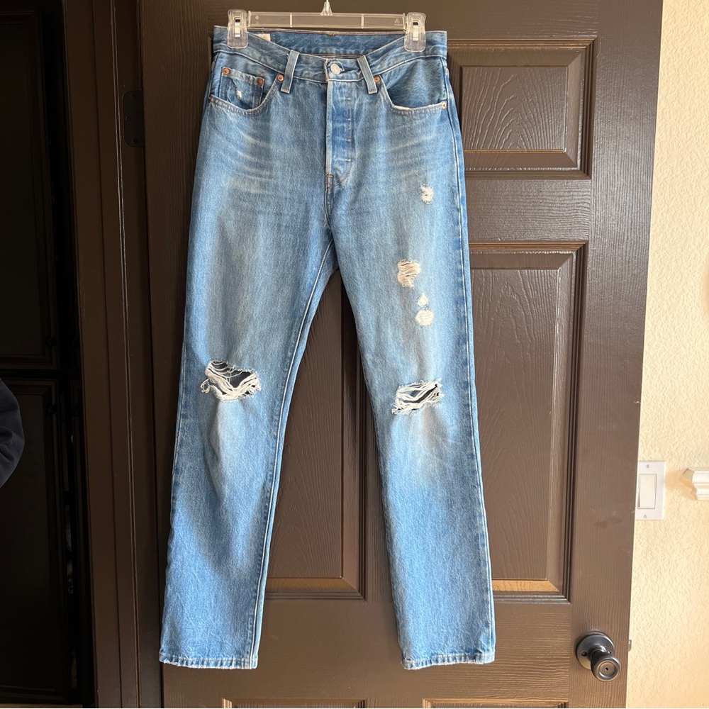 Levi's 501’s Blue Distressed Women's Straight Jeans - Picture 2 of 7